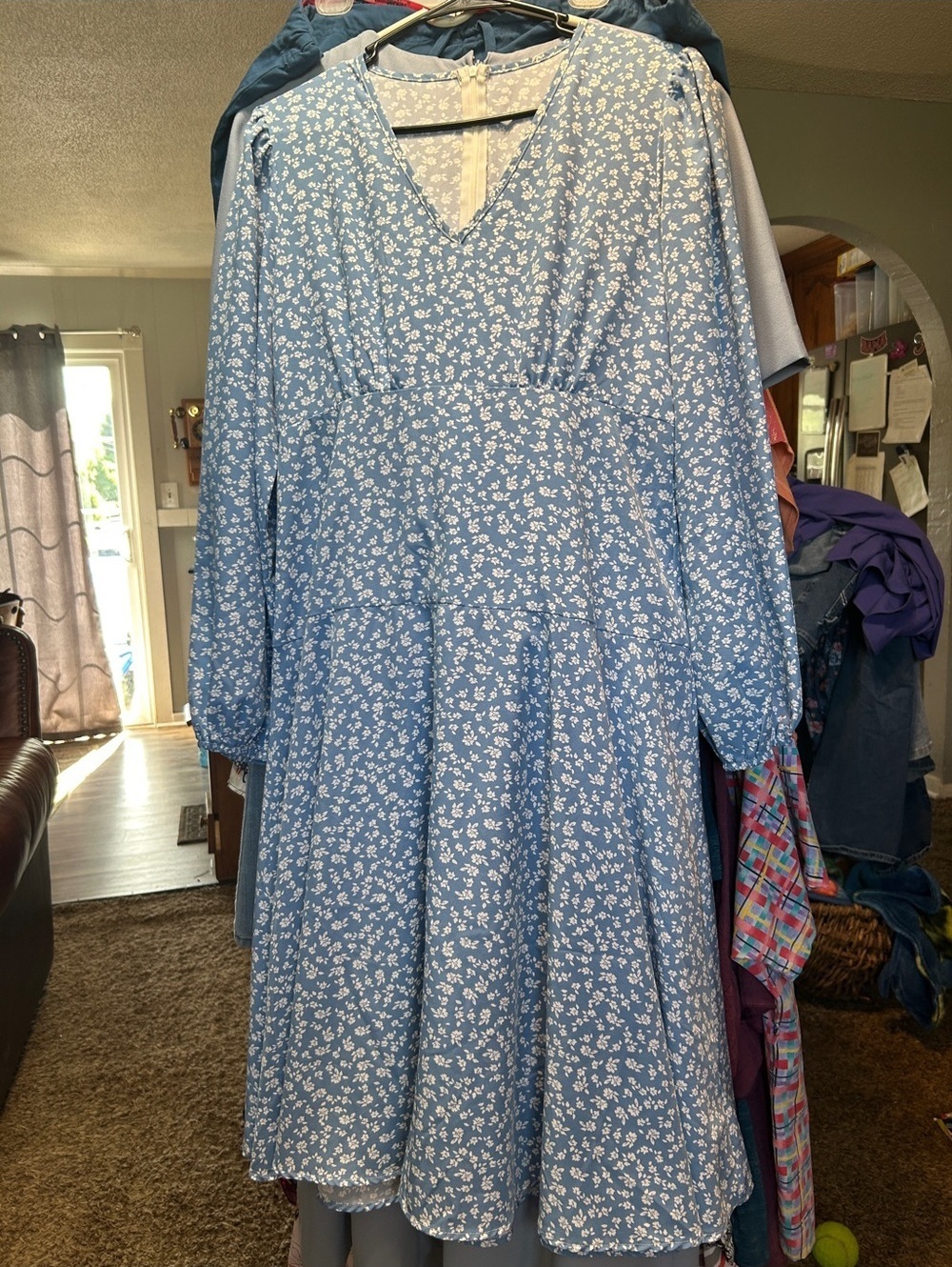 SHEIN Blue Floral Long Sleeve Midi Dress